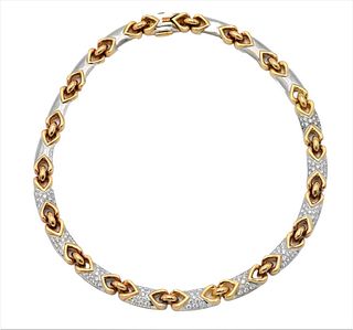 18 Karat Yellow and White Gold Necklace, having heart shaped links set with 110 round brilliant diamonds, 5.5 carat total weight, 105.8 grams, with EG