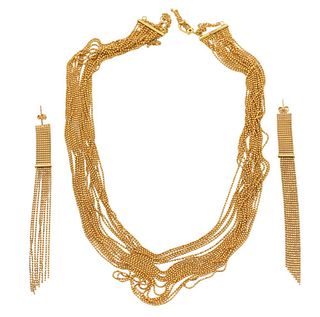 Three Piece 22 Karat Yellow Gold Necklace, having 17 strands of tiny gold beads, along with a pair of matching earrings, length 19 1/2 inches, 64.4 gr