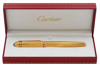 Cartier Pasha Fountain Pen, having ribbed finish, topped with Cartier trinity rings, sapphire top, in a Cartier box, 1990, #3394.