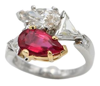 Platinum Ring, set with diamonds and ruby, pear shaped diamond, 1.54 carats; two trillion cut diamonds, .85 carats; lab created ruby, 2.26 carats; alo