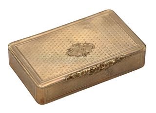 Dutch 14 Karat Gold Box, rectangular in shape with hinged lid, inscribed inside "Herrn Adolf Grimminger", 1 5/8 x 2 3/4 x 1/2 inches, 39 grams. (small