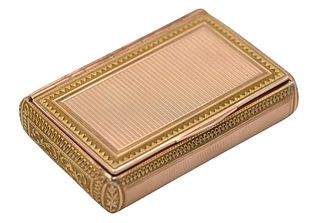 Dutch 14 Karat Gold Box, having hinged lid, scrolled ends, 2 1/16 x 3 1/8 x 5/8 inches, 70 grams. Provenance: Collection of Anton Peek previously from