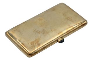 Dutch 14 Karat Gold Cigarette Case, mounted with blue sapphire, 1 3/4 x 3 1/4 x 3/16 inches, 67 grams. Provenance: Collection of Anton Peek previously
