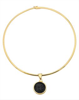 18 Karat Gold Choker Necklace, along with Roman Style Coin Medallion, 34 grams with coin.