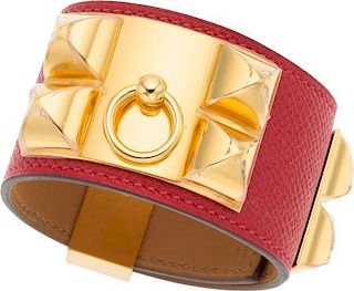 Hermes Rouge Casaque Epsom Leather Collier de Chien Bracelet with Gold Hardware Excellent Condition 1.5" Width