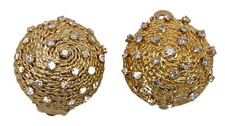 Pair of 14 Karat Gold Dome Style Ear Clips, set with round cut diamonds, 17 grams.