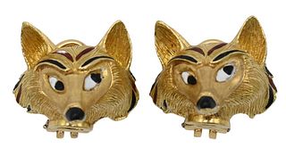 Pair of 18 Karat Gold Fox Earrings, having enameled face highlights, 22.2 grams.