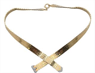 14 Karat Gold Mesh Flat Crossover Necklace, end in form of belt buckle having diamonds, length 15 inches, 56.7 grams.