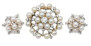 14 Karat White Gold Three Piece Set, to include brooch mounted with diamonds and pearls; along with matching ear clips; brooch with center diamond, ap