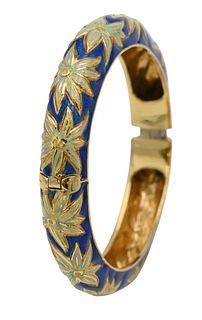 18 Karat Gold Bangle Bracelet, having enameled flowers with blue background, 47.8 grams.
