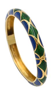 18 Karat Gold Bangle Bracelet, having green and blue enameling, 39.6 grams.