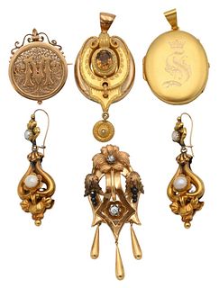 Six Piece Victorian Gold Jewelry Lot, to include a pair of pierced earrings set with pearls; two lockets, one set with citrine; along with two brooche