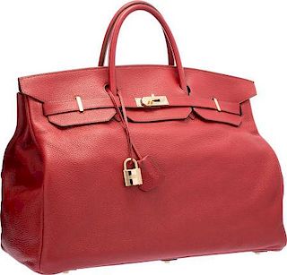 Hermes 50cm Rouge Garance Togo Leather Travel Birkin Bag with Gold Hardware Good to Very Good Condition 20" Width x 15" Height x 10" Depth