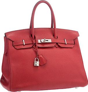 Hermes 35cm Rouge Garance Clemence Leather Birkin Bag with Palladium Hardware Very Good Condition 14" Width x 10" Height x 7" Depth
