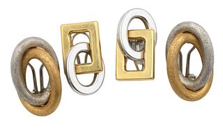 Two Pairs of 18 Karat White and Yellow Gold Pierced Earrings, to include one pair with ovals and rectangle; along with one pair with ovals, brush surf