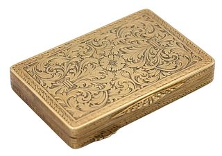18 Karat Gold Box, having chased scroll design top and bottom, hinged lid, 2 x 2 7/8 x 3/8 inches, 66 grams.