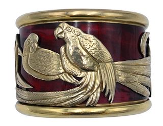 La Nouvelle Bague 18 Karat Gold and Sterling Silver Cuff, having red enamel background, marked to the interior, total weight 77.3 grams.