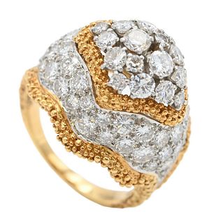 18 Karat Yellow Gold Cocktail Ring, having domed top, set with 16 center diamonds, largest is 3.4 millimeters, set over a layer of approximately 50 fu