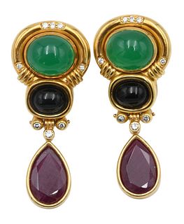Pair of 18 Karat Gold Earrings, set with faceted ruby? hanging below three diamonds and oval black onyx, along with green stone with five diamonds aro