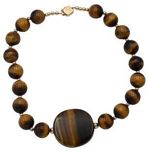 Tiger Eye and Beaded Necklace, having gold beads along with 14 karat gold clasp, length 16 1/2 inches.