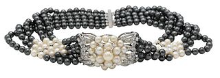 Pearl Five Strand Choker Necklace, black and white pearls, center set with 20 pearls and 96 diamonds, largest pearl being 8.7 millimeters, along with 