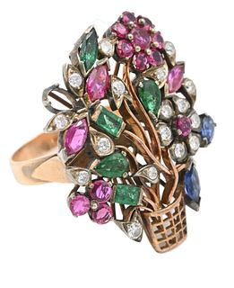 14 Karat Gold Ring, having gold basket of flowers of diamonds, rubies, sapphires and emeralds, basket height 1 1/4 inches, size 5 3/4, 9.3 grams.