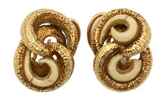 Pair of 18 Karat Gold Pierced Earrings, marked Retzomac? Caracas, 14 grams.