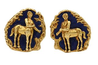 E. Pearl Signed Pair of 18 Karat Yellow Gold Centaur Cufflinks, having blue enamel background, 22 grams.