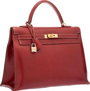 Hermes 35cm Rouge H Veau Graine Lisse Leather Sellier Kelly Bag with Gold Hardware  Very Good Condition  14" Width x 10" Height x 5" Depth
