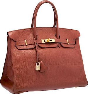 Hermes 35cm Brick Clemence Leather Birkin Bag with Gold Hardware Very Good to Excellent Condition 14" Width x 10" Height x 7" Depth