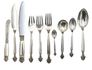 156 Piece Set of Georg Jensen Sterling Silver Flatware Set, Acanthus pattern, to include 12 dinner forks, 11 salad forks, 13 fish forks, 12 dessert fo
