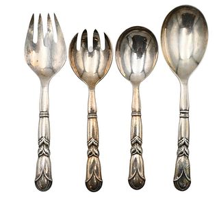 Georg Jensen Four Piece Sterling Silver Lot, to include two salad sets, marked Georg Jensen, Denmark, longest 9 3/4 inches, 13.1 t.oz.