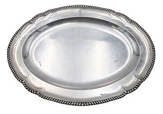 John Wakelin & William Taylor, circa 1776, deep silver tray, oval form with gadrooned edge, having coat of arms of a knight, 12 1/4 x 16 1/2 inches, 5
