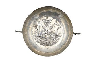 Potosi Silver Bowl, having two lion handles, interior with crown, two birds over mountain, marked Potosi, 1808, height 1 1/2 inches, diameter with han