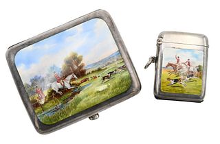 English Sterling Silver Two Piece Enameled Smoking Set, to include a cigarette case and match case, each enameled with fox hunt, largest 2 3/4 x 3 1/4