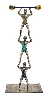 Tiffany & Company Sterling Silver Enameled Circus Performer, designed by Gene Moore (1910 - 1998), three strong men standing on each others shoulders,