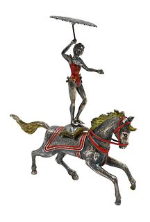Tiffany & Company Sterling Silver Enameled Circus Performer and Horse, designed by Gene Moore (1910 - 1998), both having red enamel, performer is stan