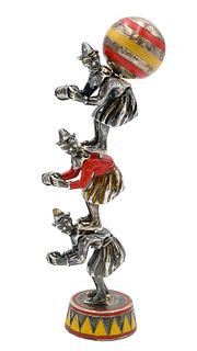 Tiffany & Company Sterling Silver Enameled Circus Acrobats, designed by Gene Moore (1910 - 1998), 1990's, a trio of acrobats playing accordions with a