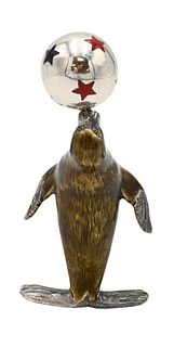 Tiffany & Company Sterling Silver Enameled Circus Seal with Ball, designed by Gene Moore (1910 - 1998), enameled with red, white and blue, removable b