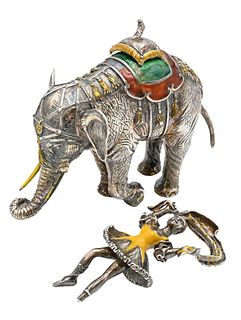 Tiffany & Company Sterling Silver Enameled Circus Elephant and Performer, designed by Gene Moore (1910 - 1998), enameled elephant with yellow enameled