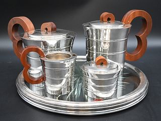 Six Piece Jean-Elysee Puiforcat (1897 - 1945), silver art deco tea and coffee set, 950 standard silver, Epsilon Paris, circa 1980, to include teapot, 