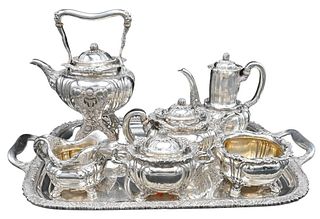 Tiffany & Company Chrysanthemum Sterling Silver Seven Piece Tea and Coffee Set, to include tilting hot water pot, coffee pot, teapot, covered sugar bo