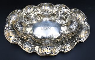 American Silver-Gilt Center Bowl, shaped oval, chased and engraved throughout with oversized flowers and leaves, the center engraved with monogram MRG