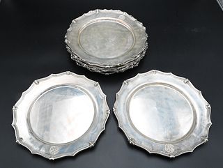 Set of 12 Sterling Silver Service Plates, having shaped edge, monogrammed, diameter 10 3/4 inches, 176 t.oz,