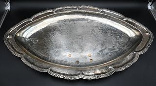 Sterling Silver Deep Tray, hand hammered having flowers in border, 17 1/2 x 30 inches, 71.5 t.oz.