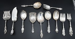 11 Piece Sterling Silver Serving Lot, to include spoons, forks, along with chrysanthemum pattern scoop and fork, length of smallest 9 inches, length o