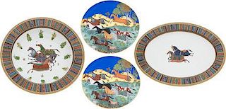 Hermes Set of Four; Blue & White Limoges Porcelain "Cheval d'Orient," Serving Bowls and Trays Excellent Condition Large Serving Bowl: 17" Diameter x 3