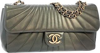 Chanel Dark Green Quilted Lambskin Leather East West Flap Bag with Gold Hardware Excellent to Pristine Condition 12" Width x 6" Height x 3" Depth