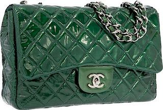 Chanel Pearlescent Green Quilted Patent Leather Jumbo Single Flap Bag with Silver Hardware Very Good to Excellent Condition 12" Width x 8" Height x 3"