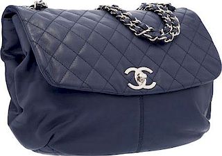 Chanel Blue Quilted Lambskin Leather Half Moon Flap Bag with Silver Hardware Excellent Condition 14" Width x 11" Height x 4" Depth